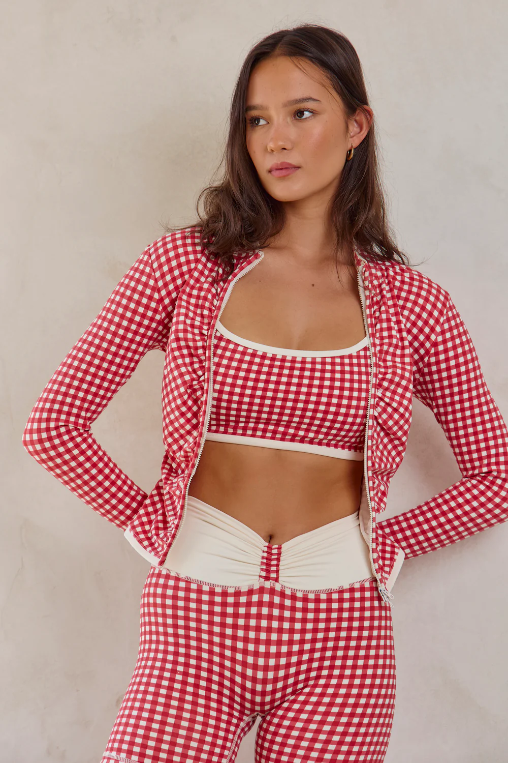 Astoria LUXE BALANCE Ruched Zip Up Jacket - Red Gingham - Image 4