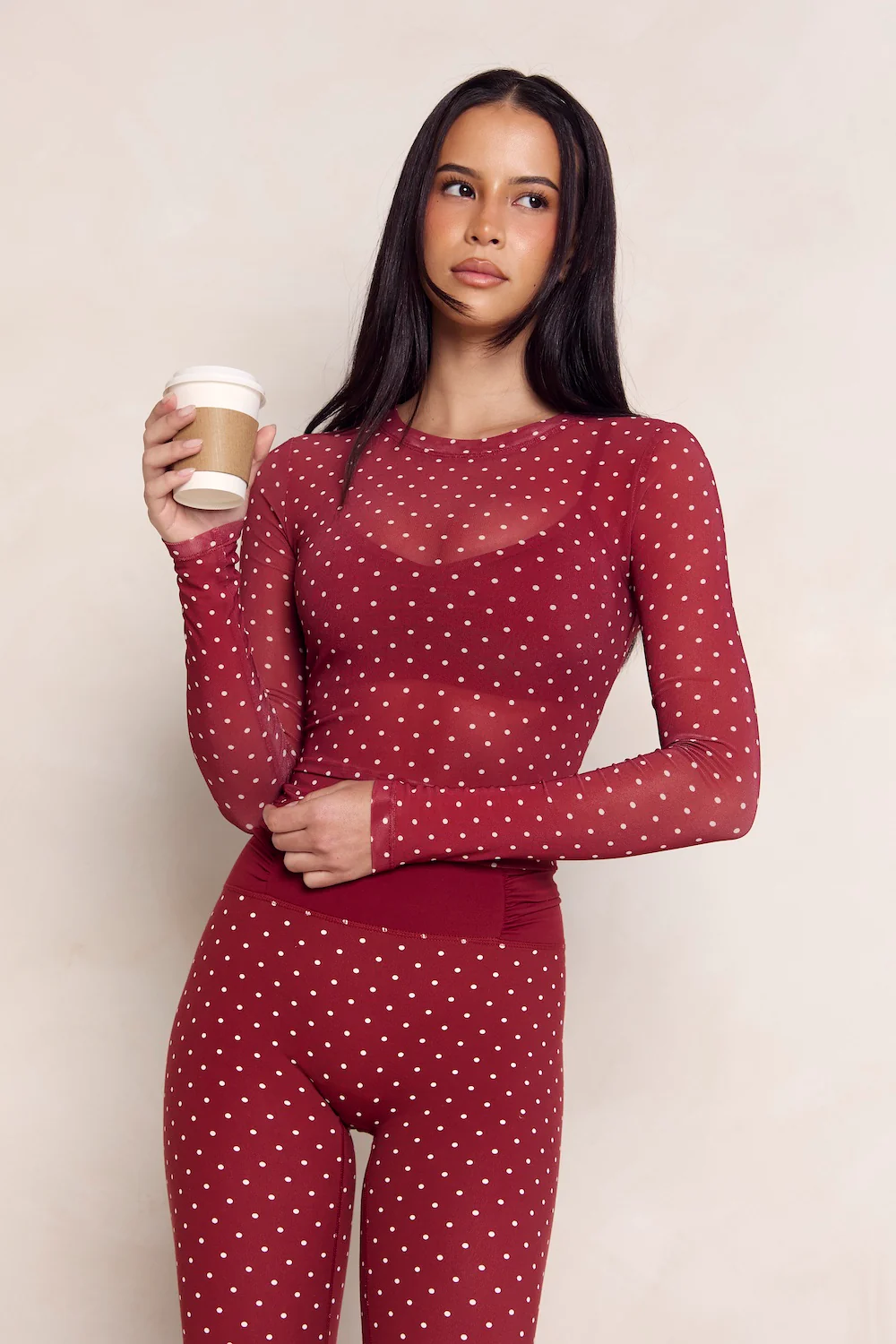 Astoria Mesh Long Sleeve Top - Merlot Polka - Image 2
